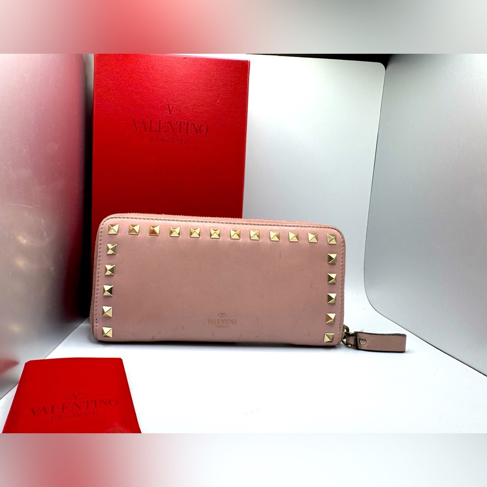 Valentino Pink Gold Rockstud Leather Wallet with original box, studs, COA.